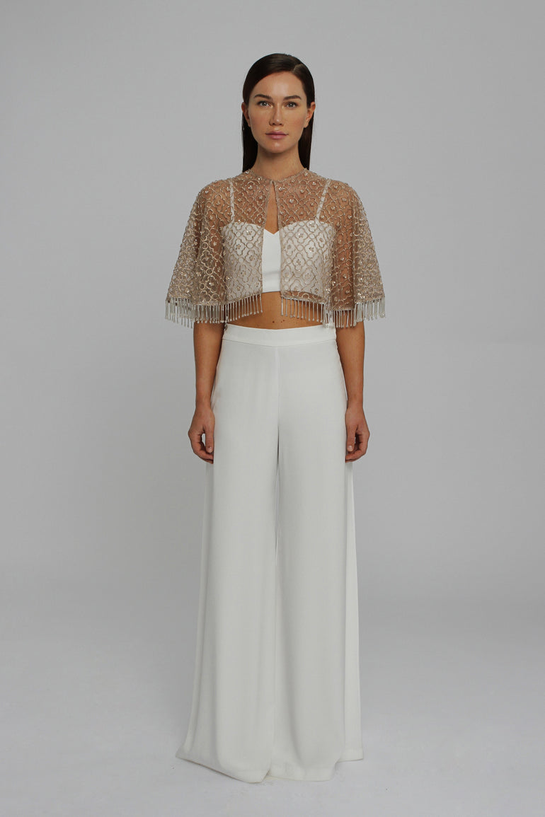 Embellished Bolero with Blush Crop Top and Evening Palazzo Trouser UME London Cape Evening Outfits London