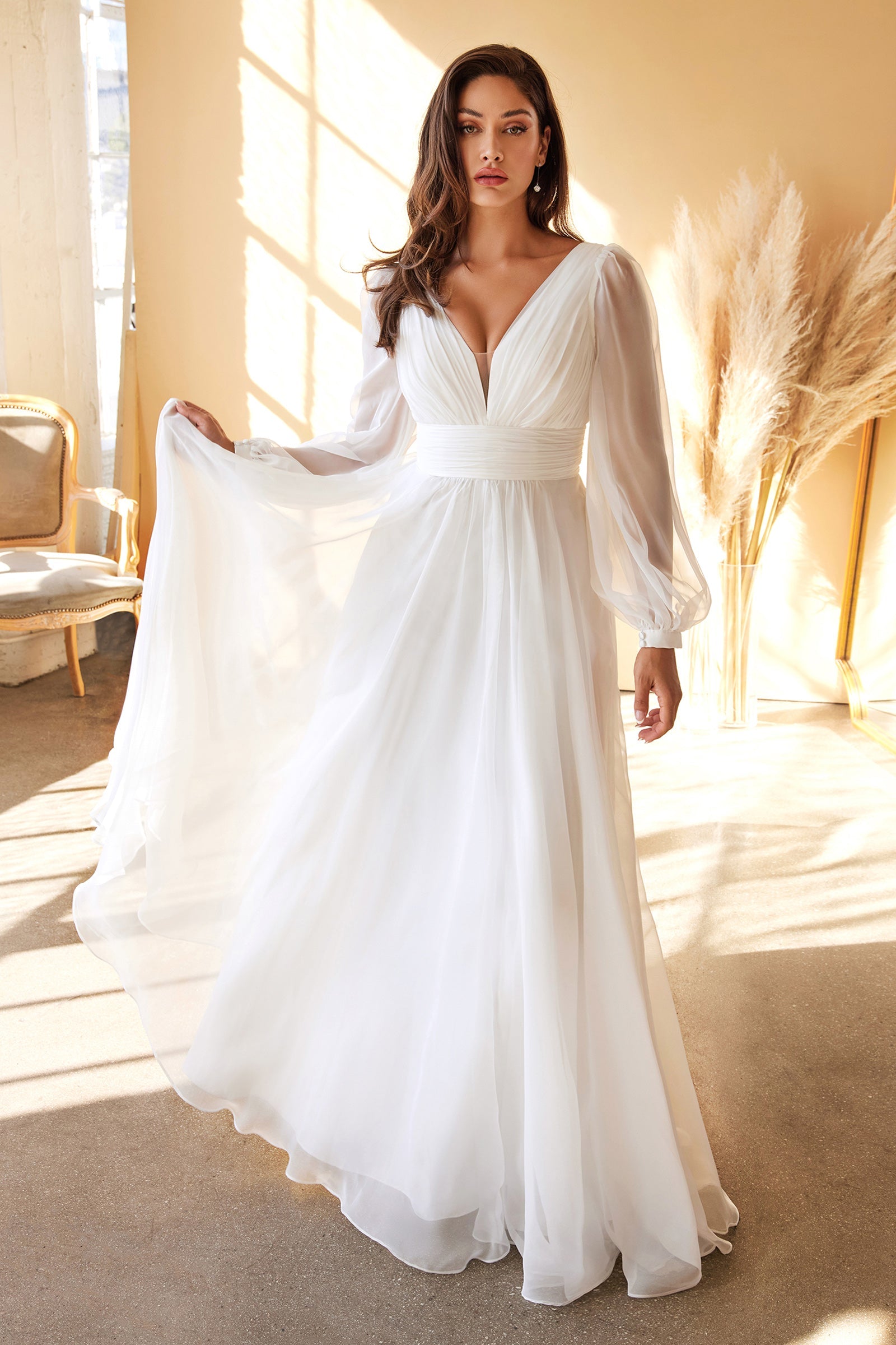 Long Sleeve Chiffon White Wedding Dress Plus Size Wedding Dresses UK