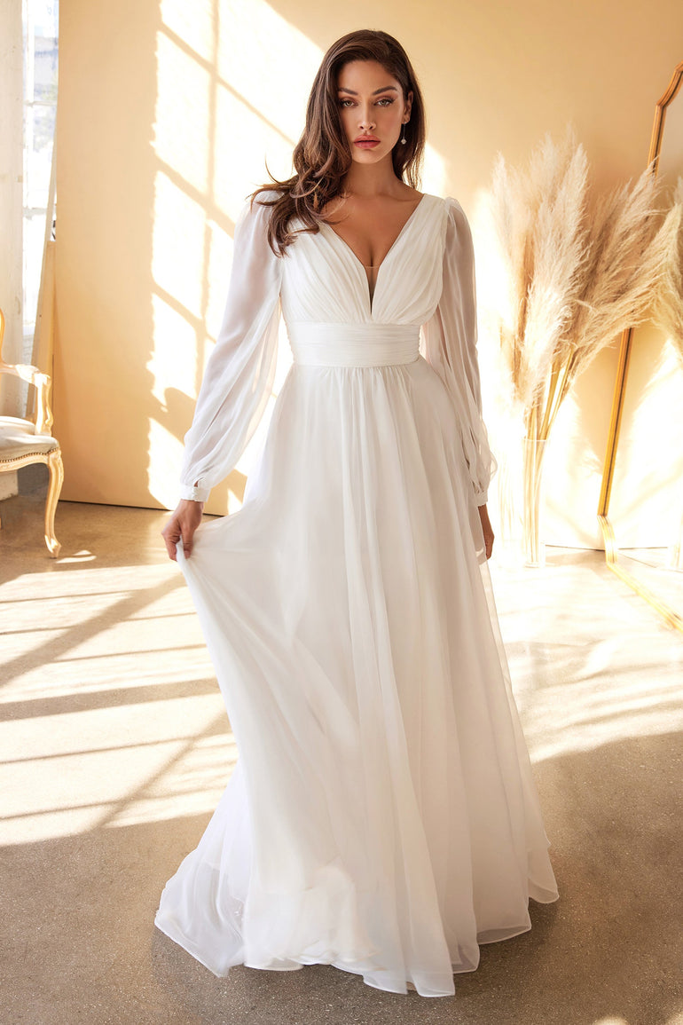 Long Sleeve Chiffon White Wedding Dress Plus Size Wedding Dresses UK Side