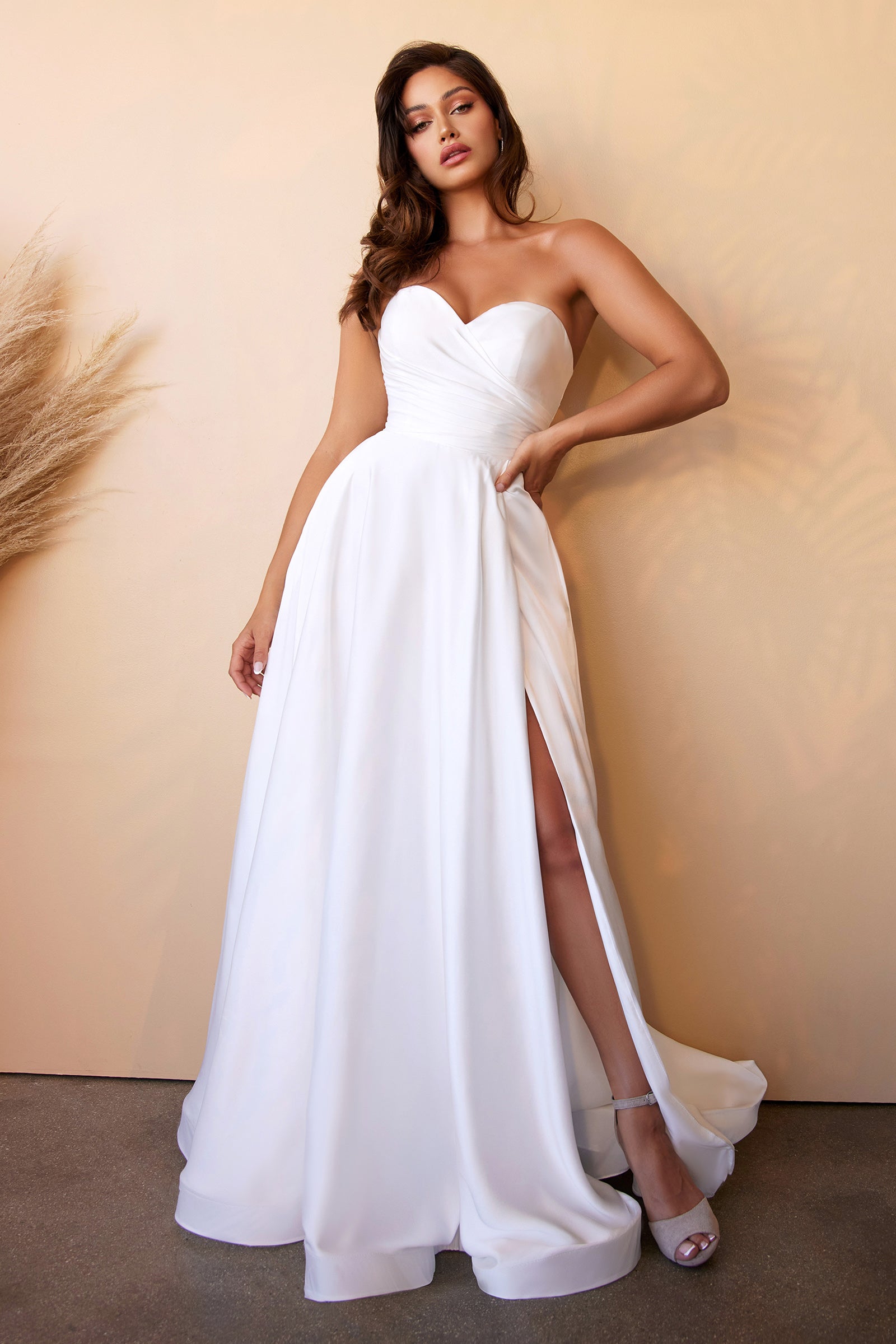 White Long Strapless Satin Wedding Dress Satin Bridesmaid Dresses UK UME London Prom Dresses London Front