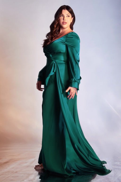 Maxi Satin Long Sleeve Pleated Satin Bridesmaid Dress Fishtail Prom Dress Mermaid Dress UK UME London Plus Size Dress Emerald