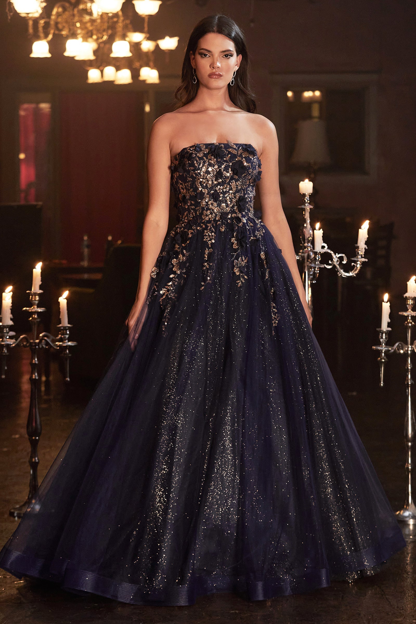 Strapless Floral Tulle Ball Dress Detachable Shawl Corset Prom Dress Prom Dresses UME London Plus Size Dress Navy Blue Gold