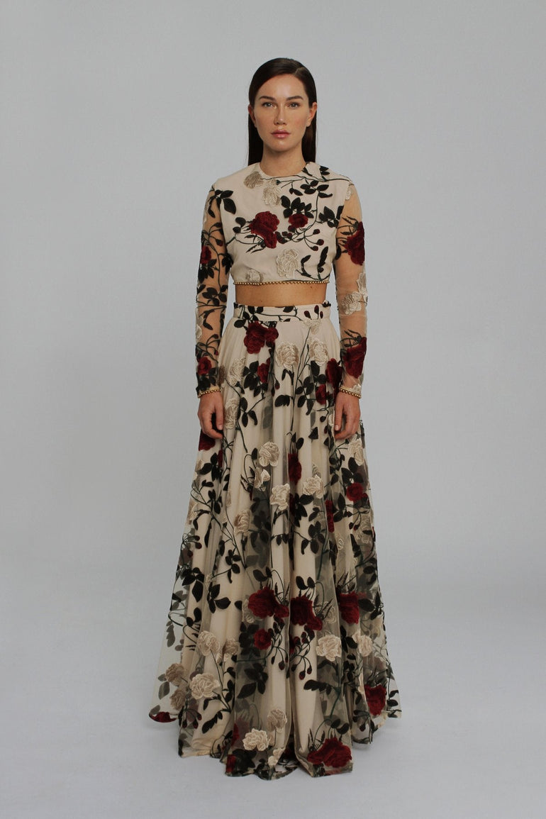 Timeless Red Rose Full Sleeve Top Evening Top Floral Top Wedding Top Reception Top Evening Skirt Outfit Maxi Long Skirt