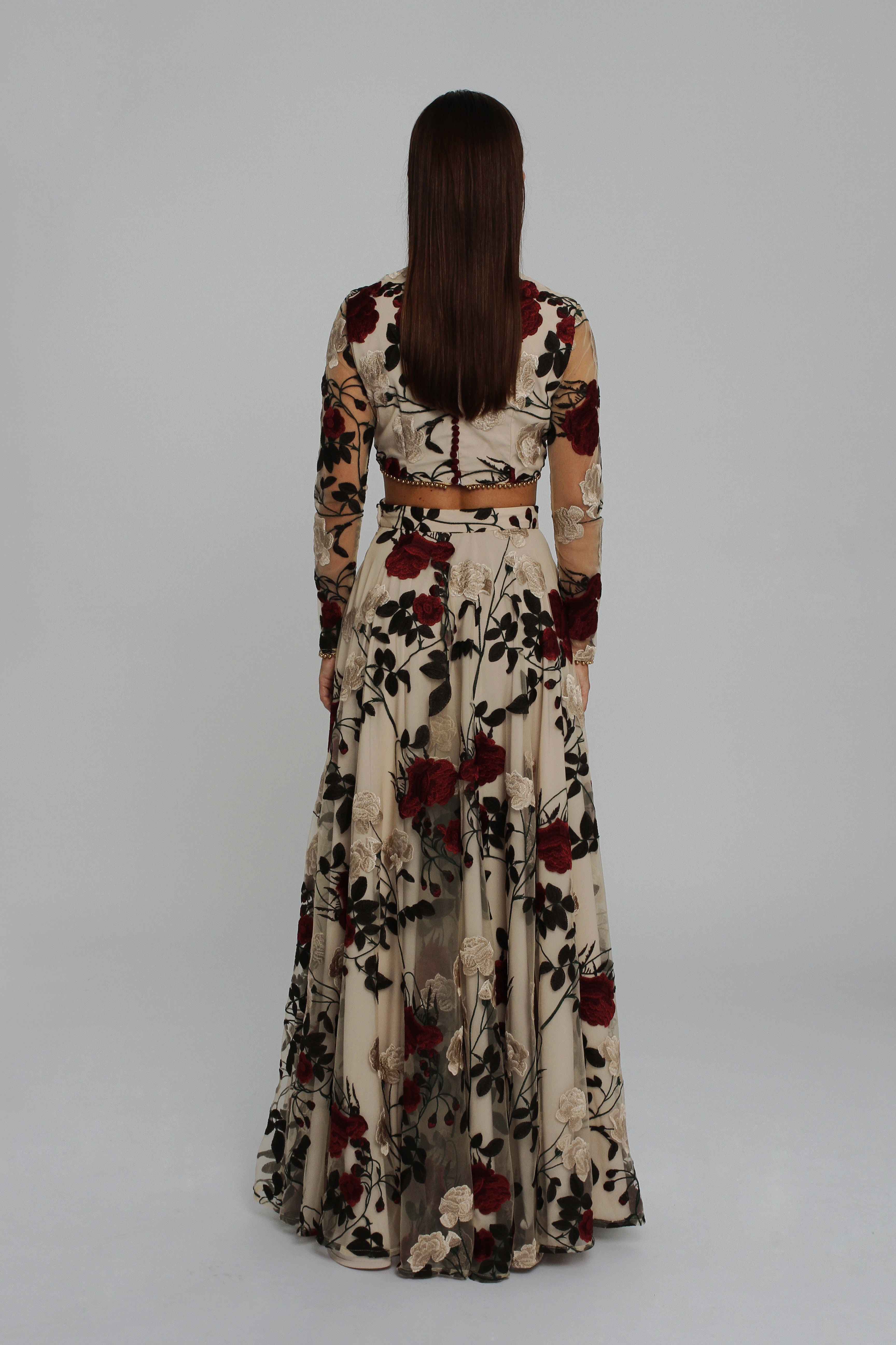 Timeless Red Rose Full Sleeve Top and Evening Skirt UME London UK Floral Print Evening Outfit Destination Wedding Outfit Back