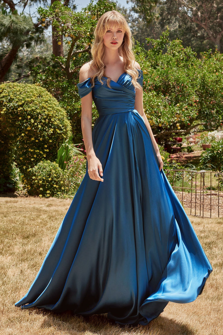 Maxi Satin Bridesmaid Dress - A Line Off Shoulder Long Dress in French Navy Blue
