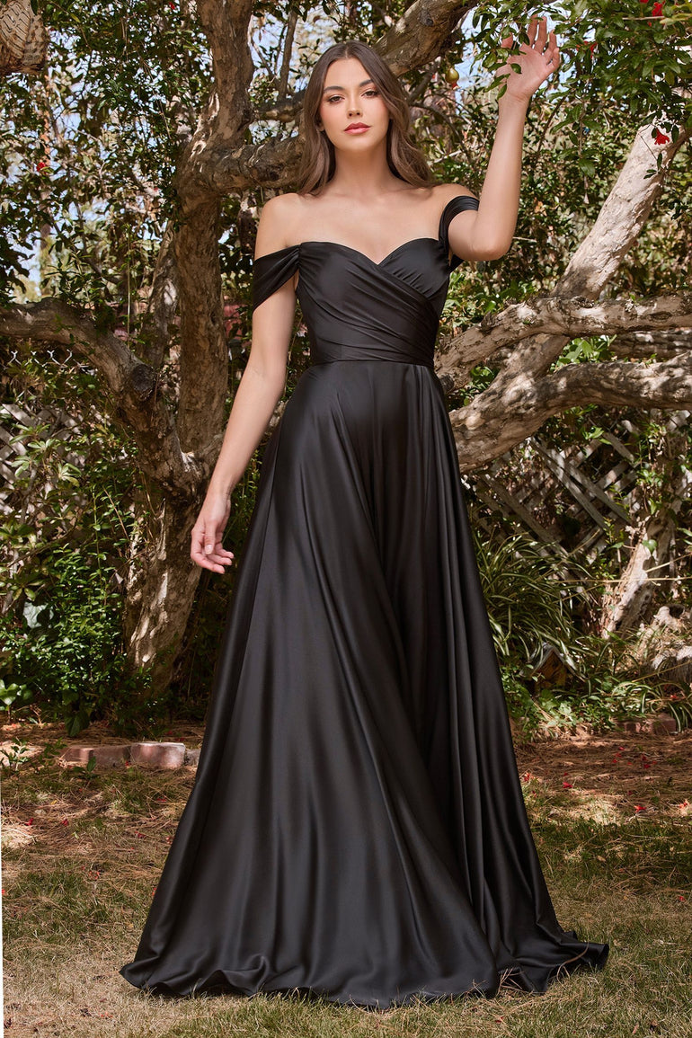 Maxi Satin Bridesmaid Dress - A Line Off Shoulder Long Dress in Black