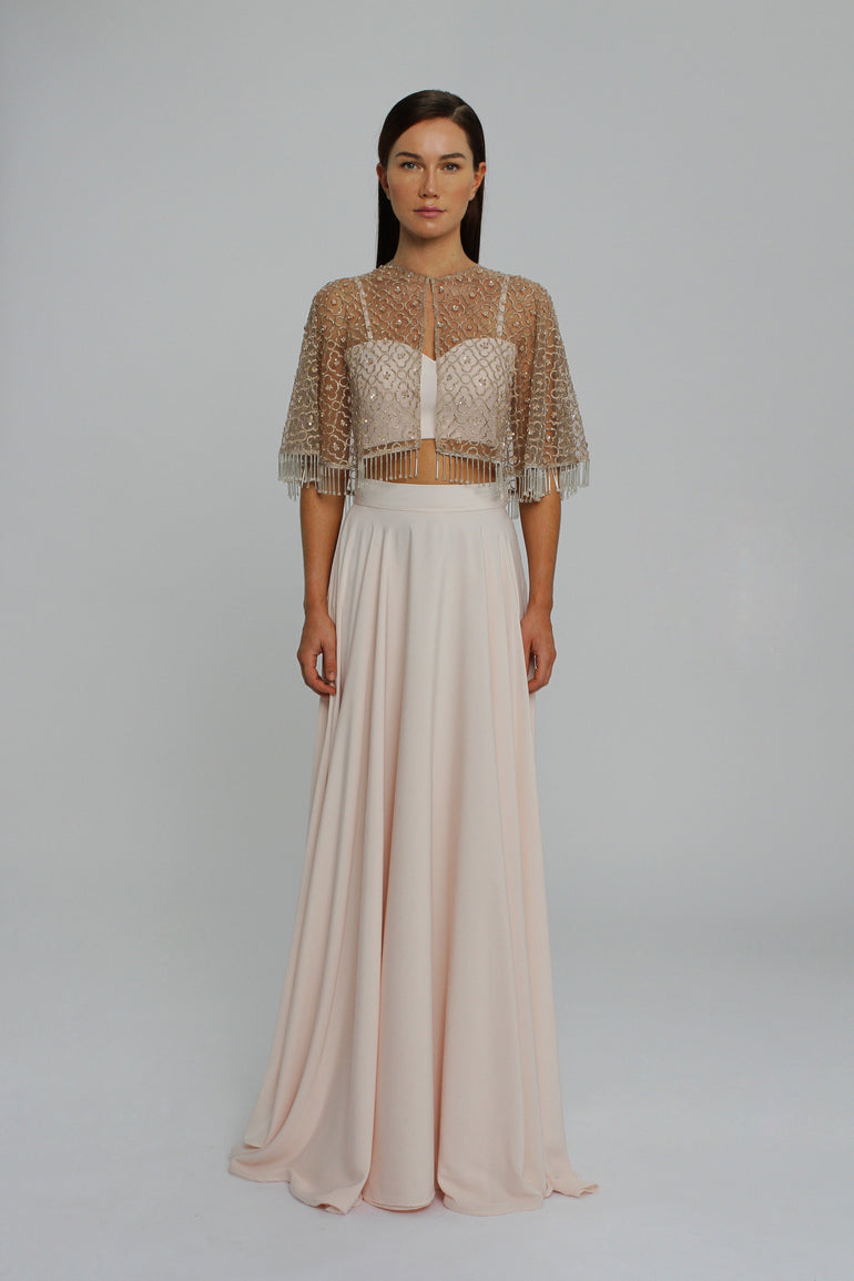 Classic Blush High Waisted Evening Skirt with Bolero and Crop Top UME London