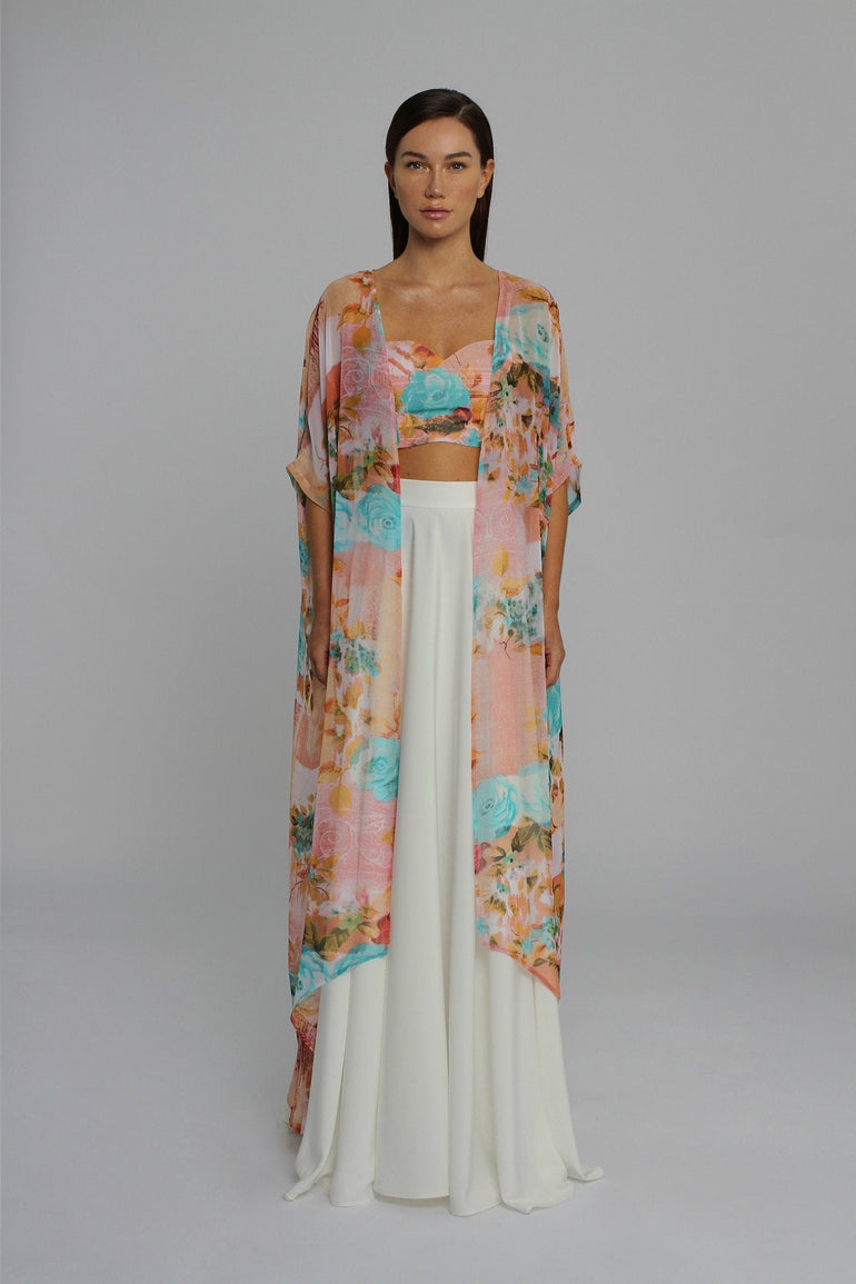 Classic White High Waisted Evening Skirt UME London Cape Kimono Summer Crop Top