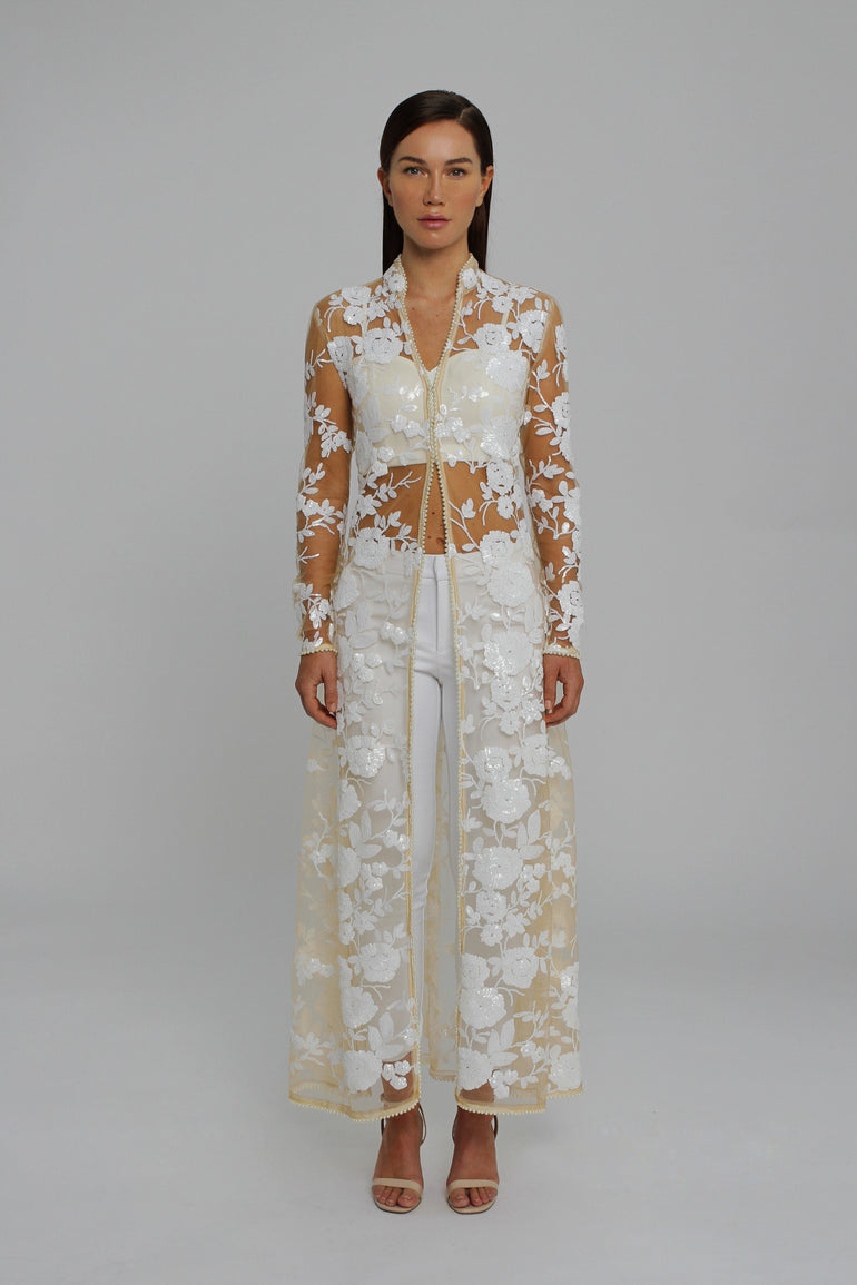 Classic White Crop Top UME London Front White Evening Sequin Jacket Tulip Trousers