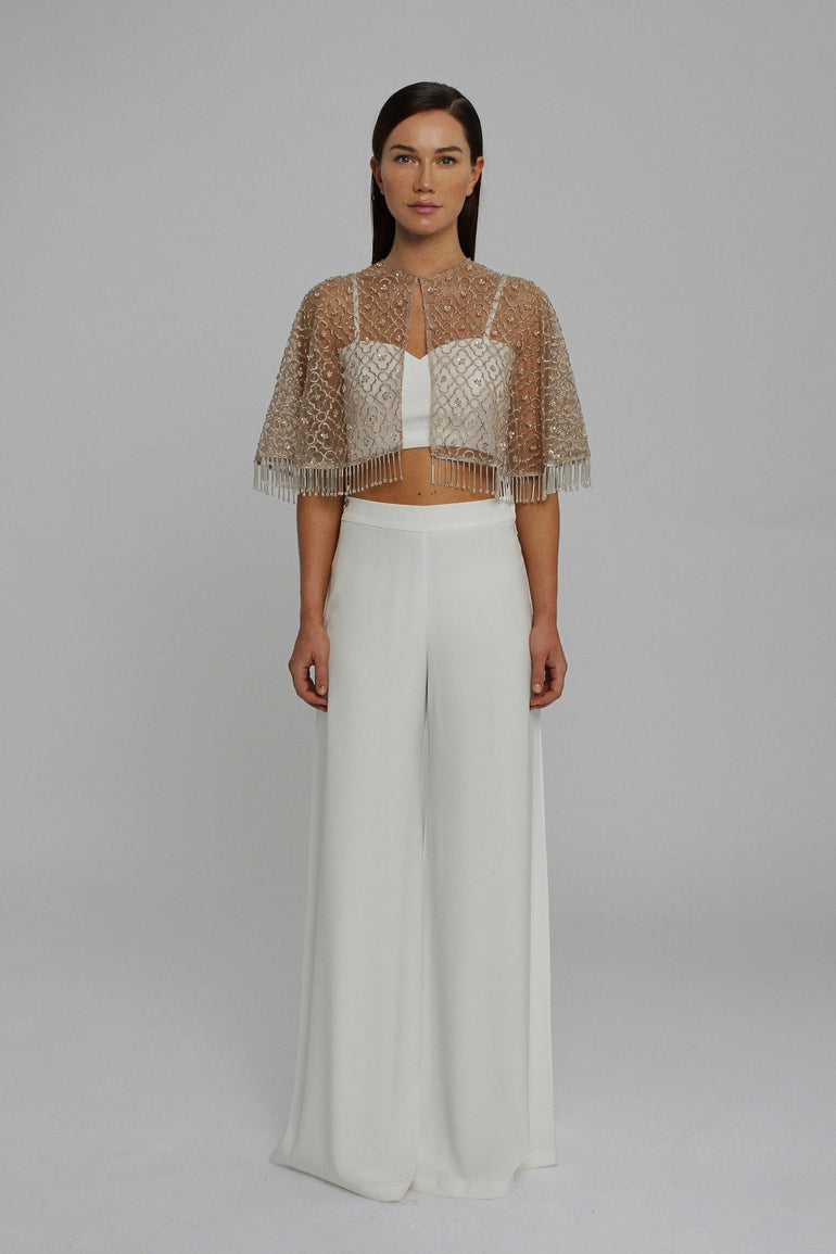 Embellished Bolero Evening Cape White Palazzo Trouser Crop Top UME London