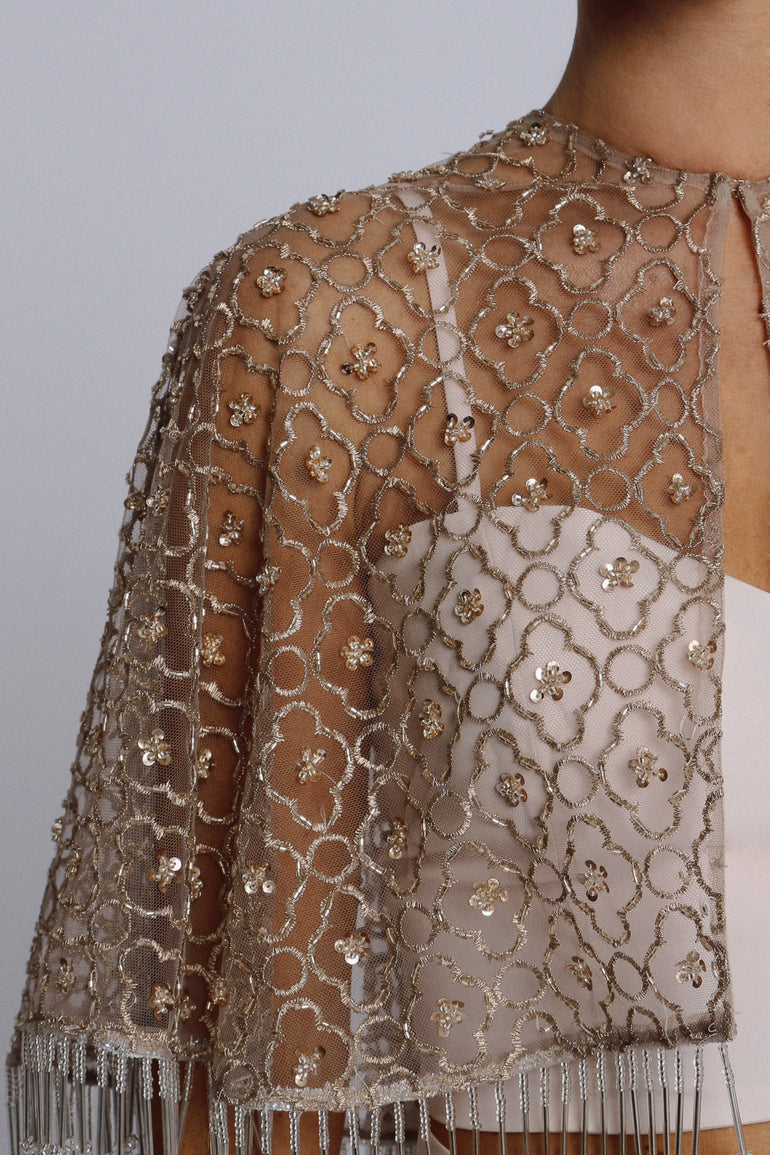 Embellished Bolero with Blush Crop Top and Evening Skirt UME London Cape Evening Outfits London Front