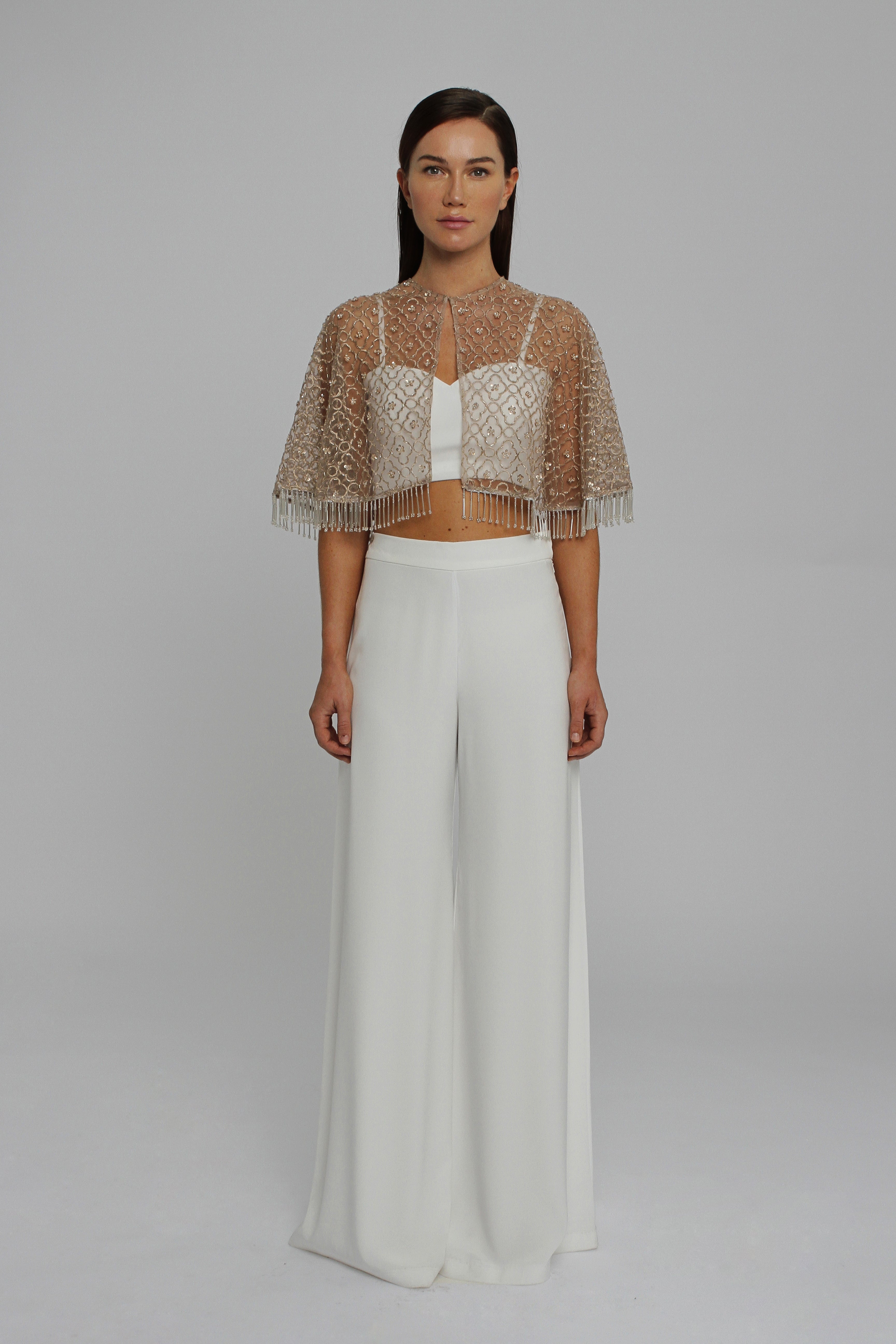 Embellished Bolero with Blush Crop Top and Evening Palazzo Trouser UME London Cape Evening Outfits London