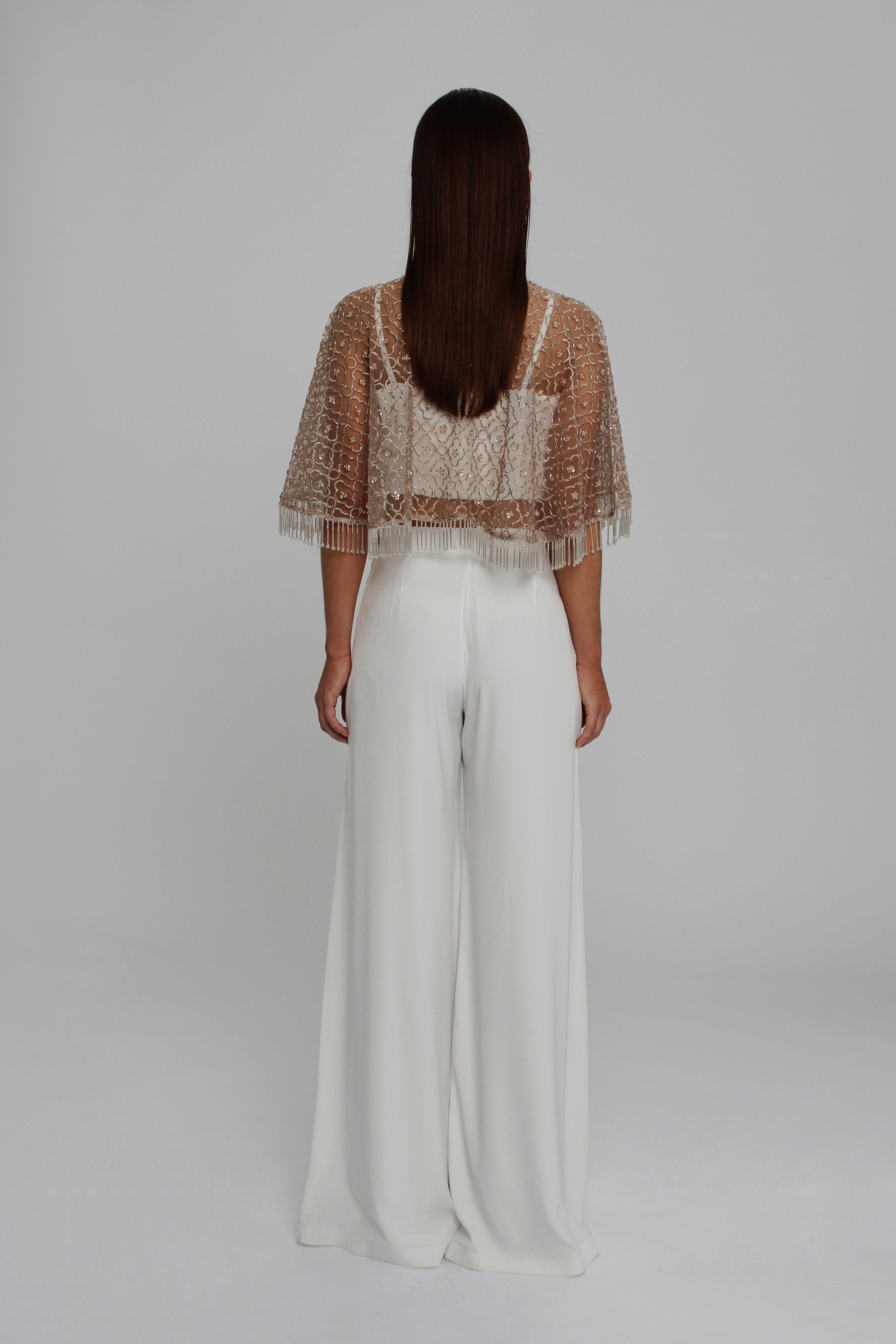Embellished Bolero with Blush Crop Top and Evening Palazzo Trouser UME London Cape Evening Outfits London Back