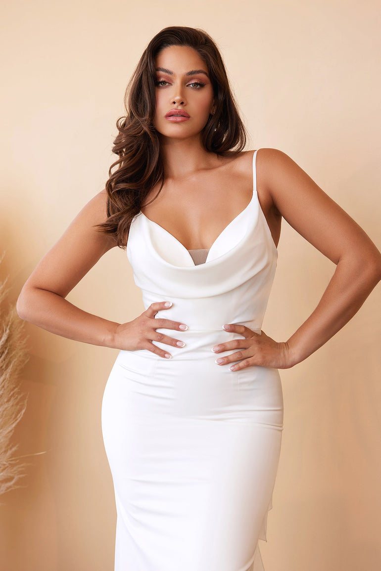 White Fitted Satin Wedding Dress With Cowl Neckline and Open Tie Back Mermaid Dress Fishtail Dress Front UME London Front 1
