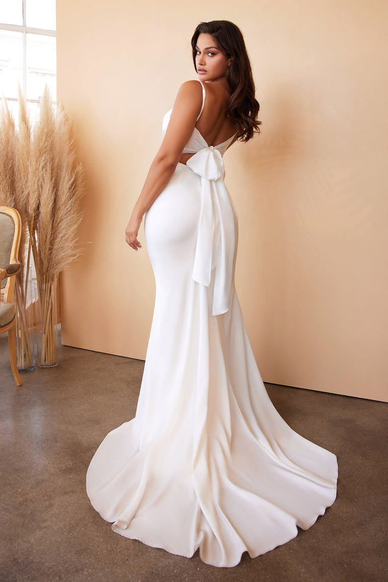 White Fitted Satin Wedding Dress With Cowl Neckline and Open Tie Back Mermaid Dress Fishtail Dress Front UME London Back