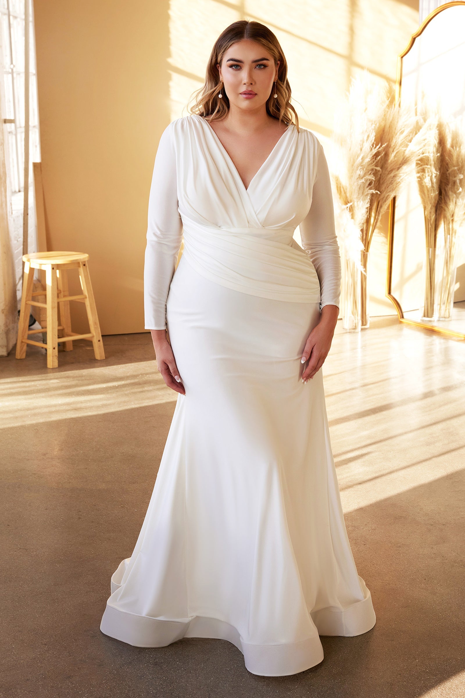 White Full Sleeve Mermaid Wedding Dress with Button Detail Wedding Dresses UME London Mermaid Plus Size Wedding Dress