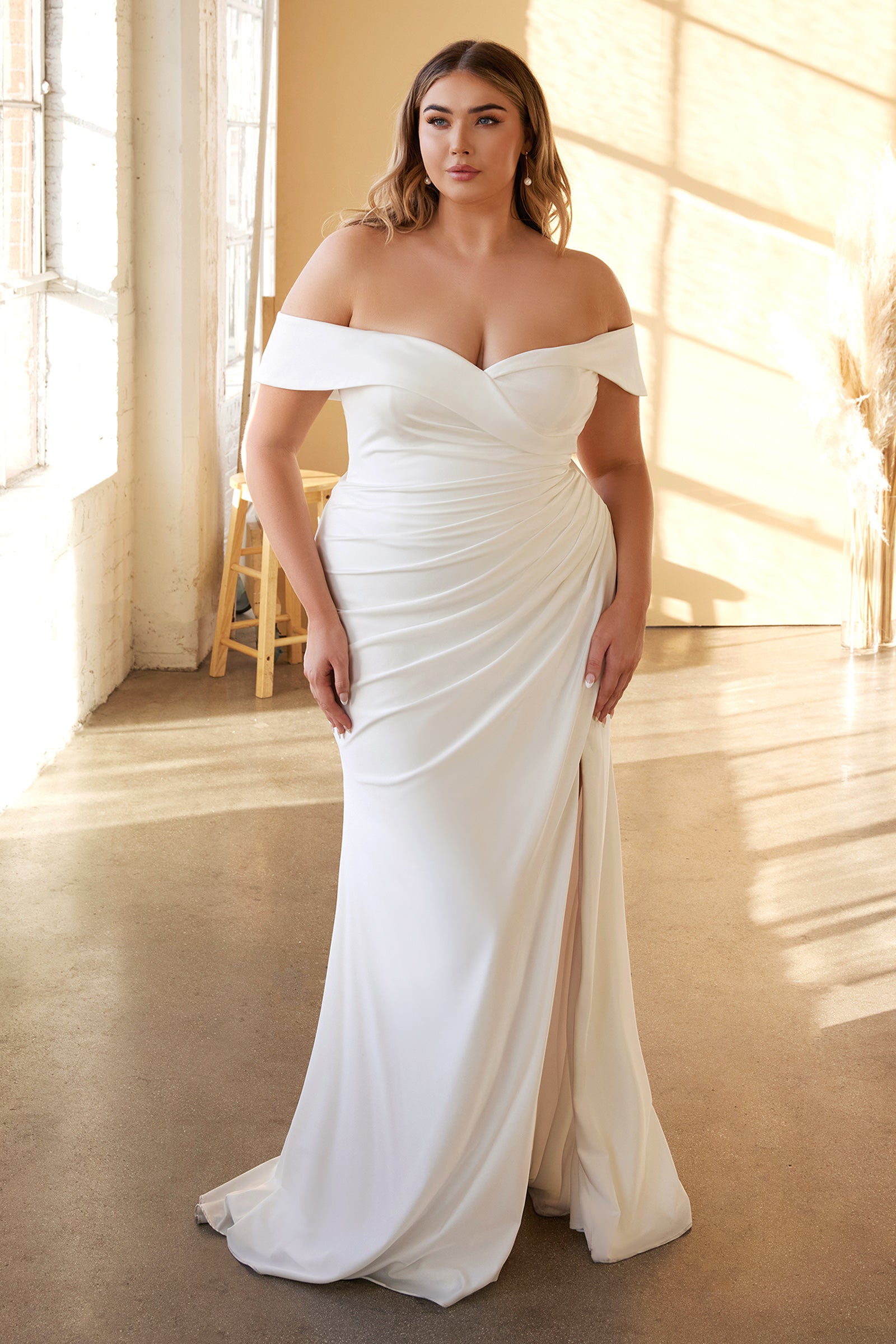 White Jersey Off-the-Shoulder Mermaid Wedding Dress Mermaid Dresses UK UME London Fishtail Dress Full Plus Size Wedding Dress