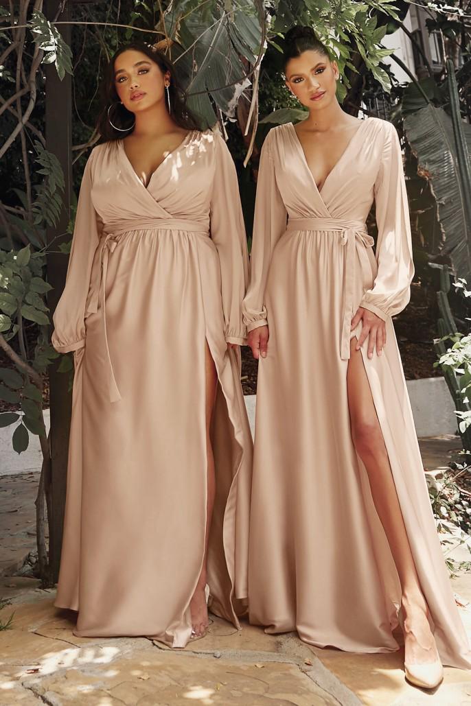 Maxi Long Sleeve Satin Wrap Dress Satin Bridesmaid Dress Plus Size Dress UK Satin Prom Dress Plus Size Dress Prom Dress Nude