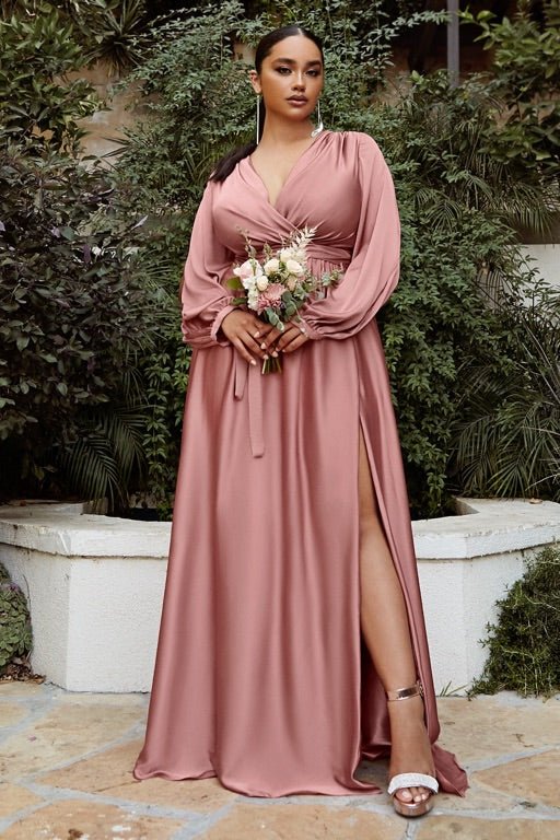 Maxi Long Sleeve Satin Wrap Dress Satin Bridesmaid Dresses Plus Size Dresses UK Satin Prom Dresses Plus Size Dress Rose Gold