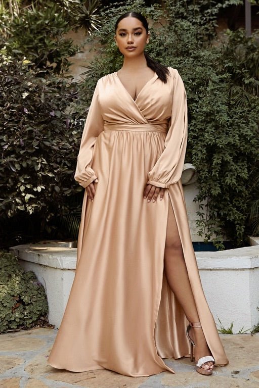 Maxi Long Sleeve Satin Wrap Dress Satin Bridesmaid Dresses Plus Size Dresses UK Satin Prom Dresses Plus Size Dress Nude Gold