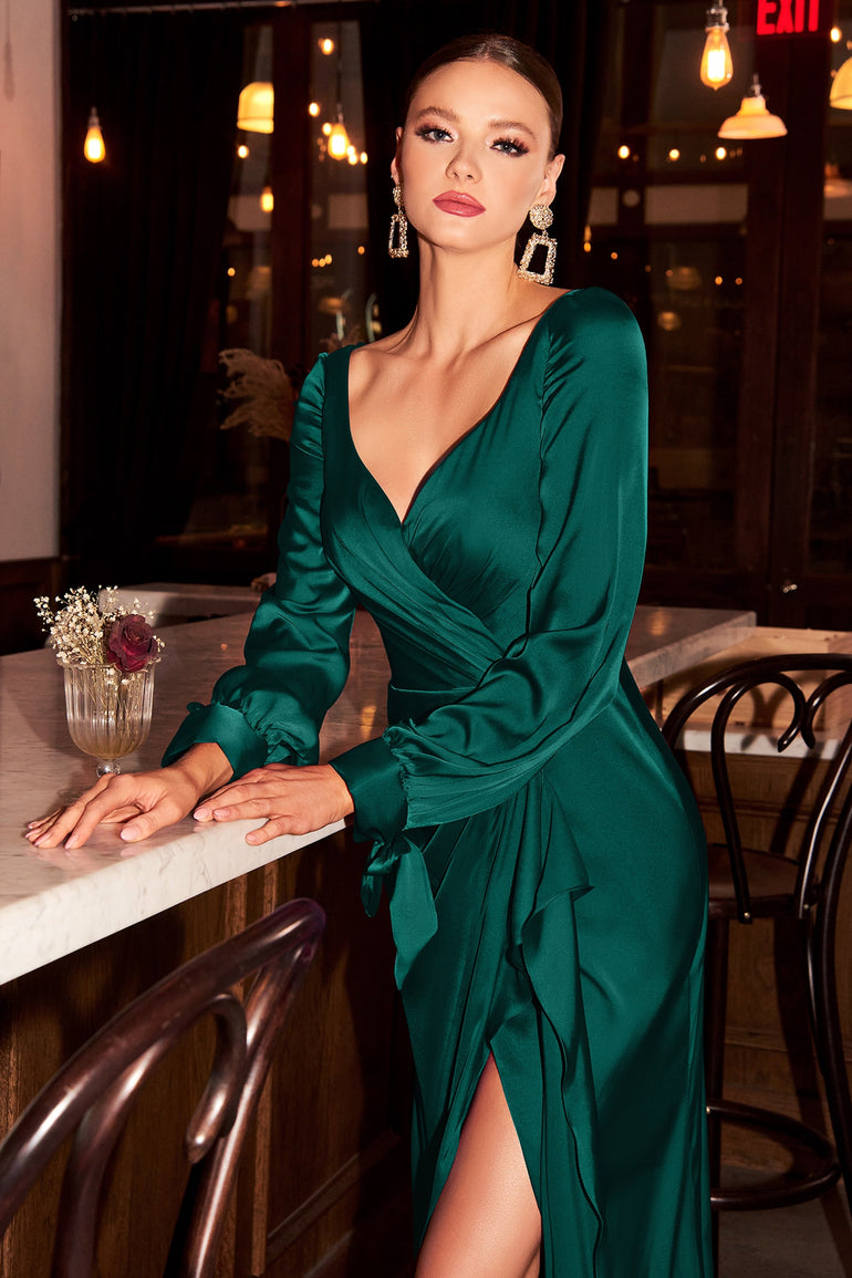 Maxi Satin Long Sleeve Pleated Bridesmaid Dress Fishtail Prom Dress Mermaid Dress Satin Prom Dress UK UME London Emerald