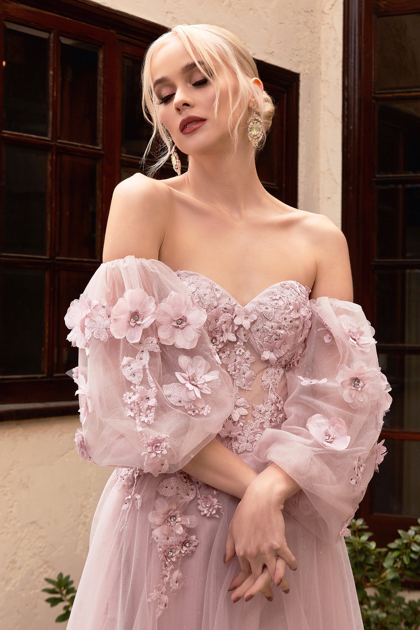 Mauve Off-the-Shoulder Evening Dress with Detachable Blouson Sleeves Corset Prom Dress Prom Dress London UK UME London Rose