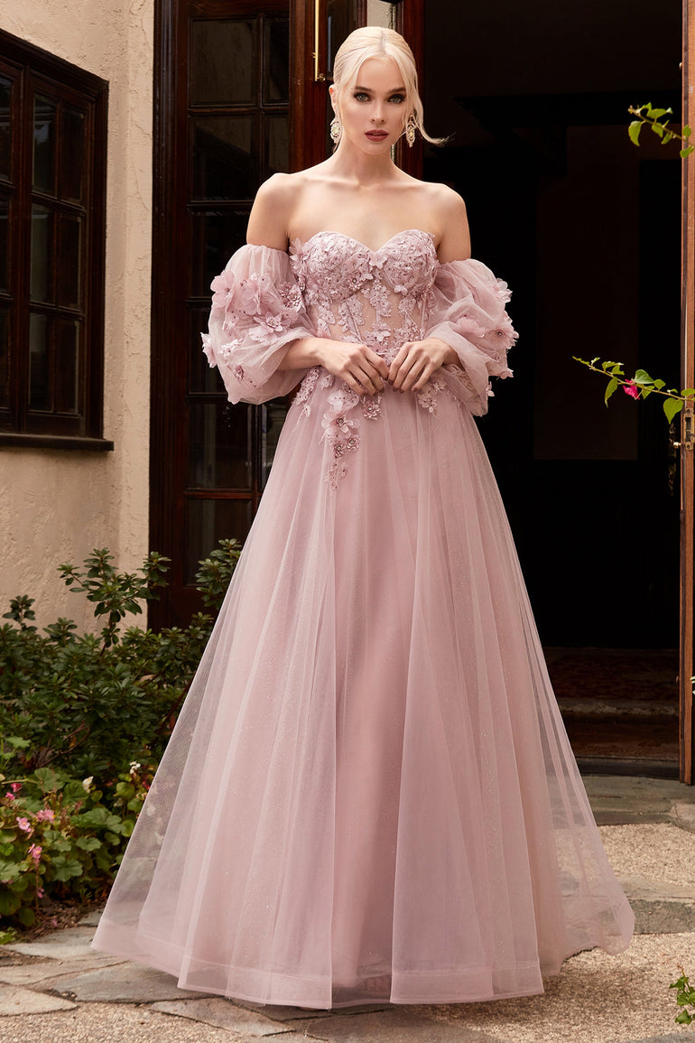 Off-the-Shoulder Evening Dress with Detachable Blouson Sleeves