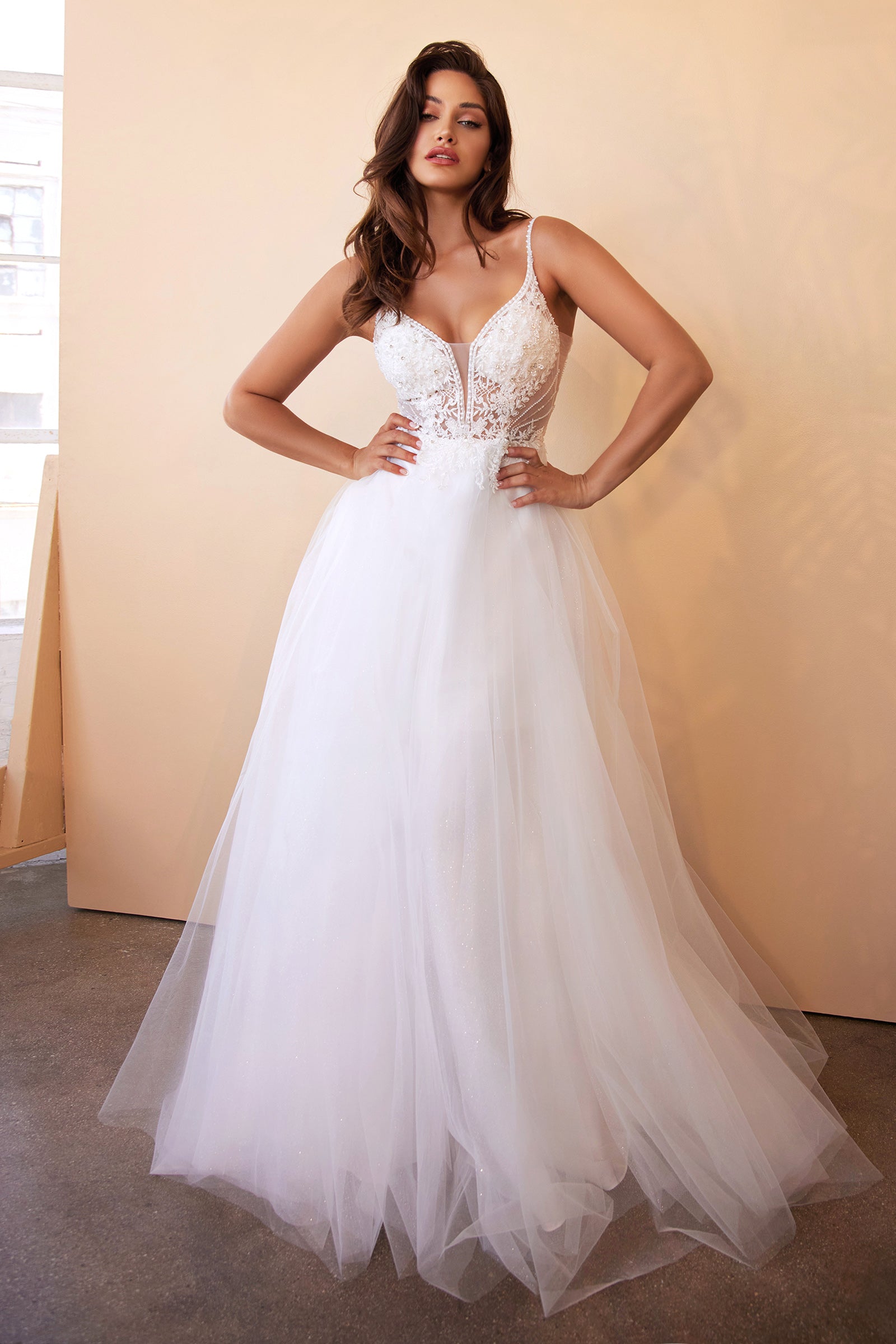 Plunging Layered A-Line Tulle White Wedding Dress Plus Size Wedding Dresses UK