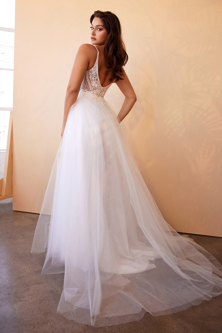 Plunging Layered A-Line Tulle White Wedding Dress Plus Size Lace Wedding Dresses UK Front Back