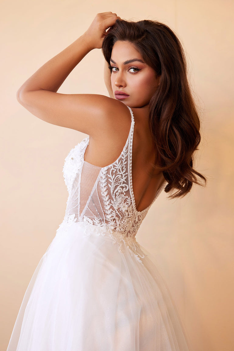 Plunging Layered A-Line Tulle White Wedding Dress Plus Size Lace Wedding Dresses UK Front Side