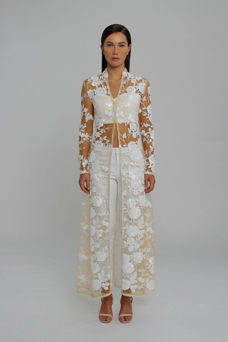 Signature Tailored White Sequin Jacket Evening Outfit Luxury Jacket Women Wedding Outfit London UK Classic Cigarette Trousers