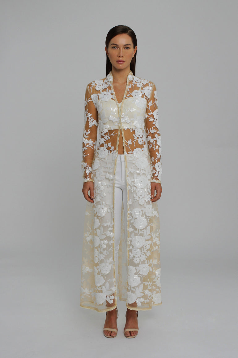 Signature Tailored White Sequin Jacket Evening Outfit Luxury Tailored Embellished Jacket Womens Wedding Outfit UME London UK