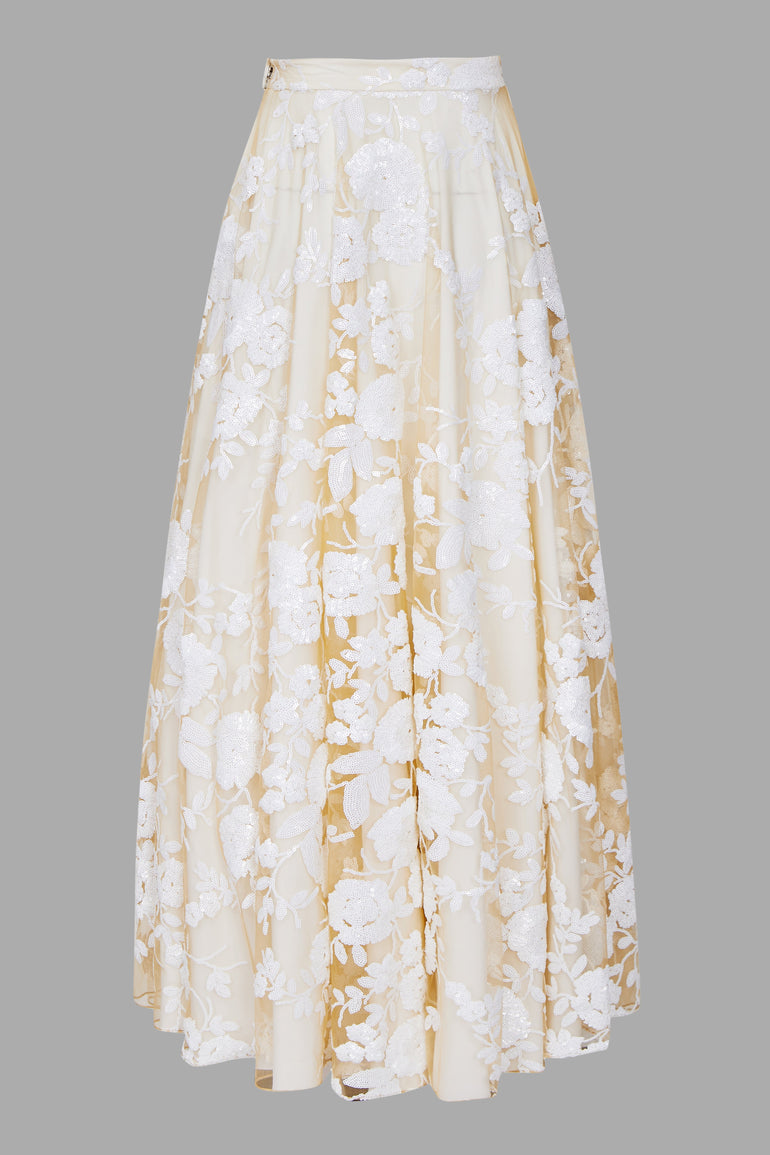 Signature White Rose Sequin Embellished Evening Skirt with Crop Top Women Luxury Embellished Skirt Evening Outfit UME London