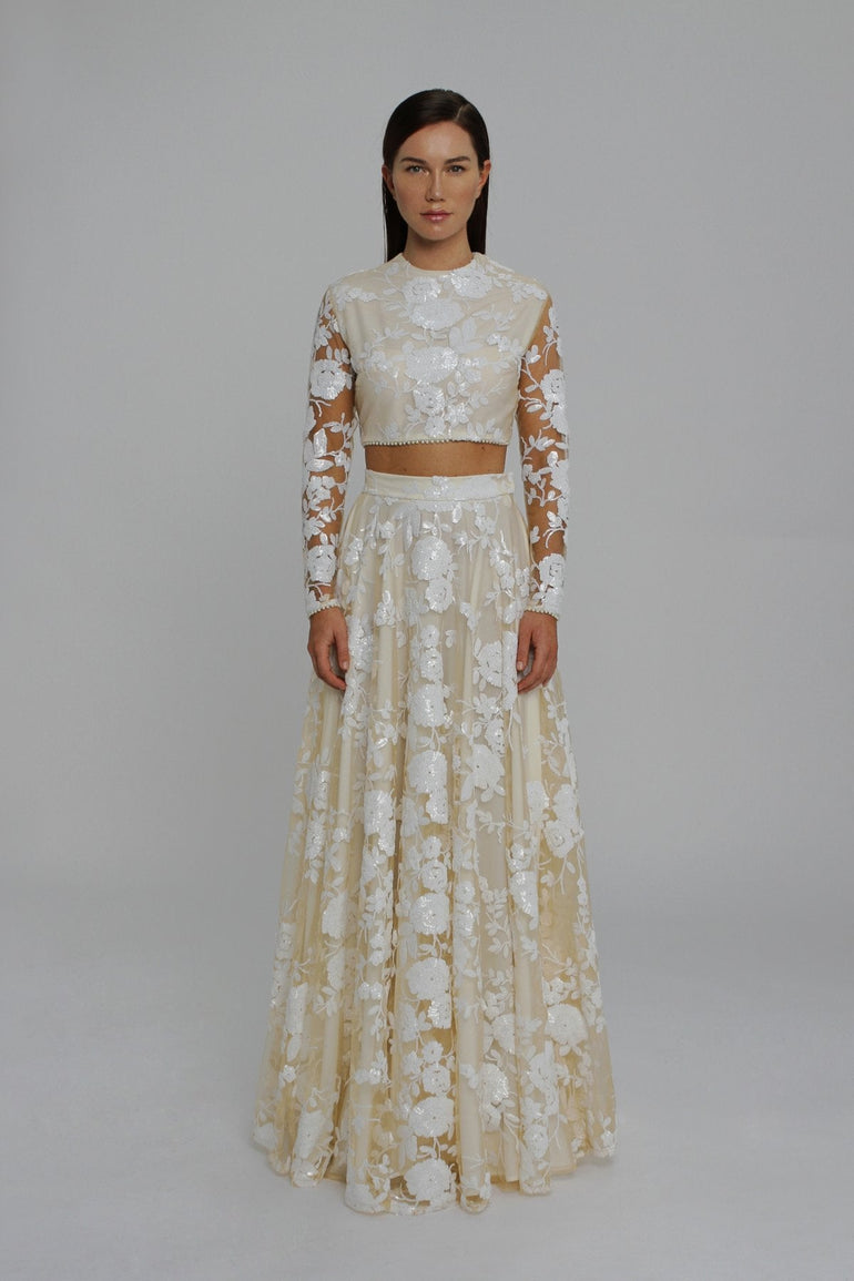 Signature White Rose Sequin Embellished Evening Skirt with Crop Top Womens Luxury Embellished Skirt Evening Outfit UME London