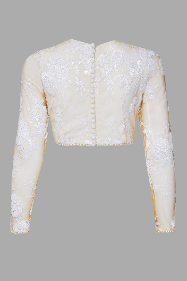 Signature White Rose Sequin Embellished Full Sleeve Top Pearl Back Zip Evening Outfit Special Event Outfit Button UME London