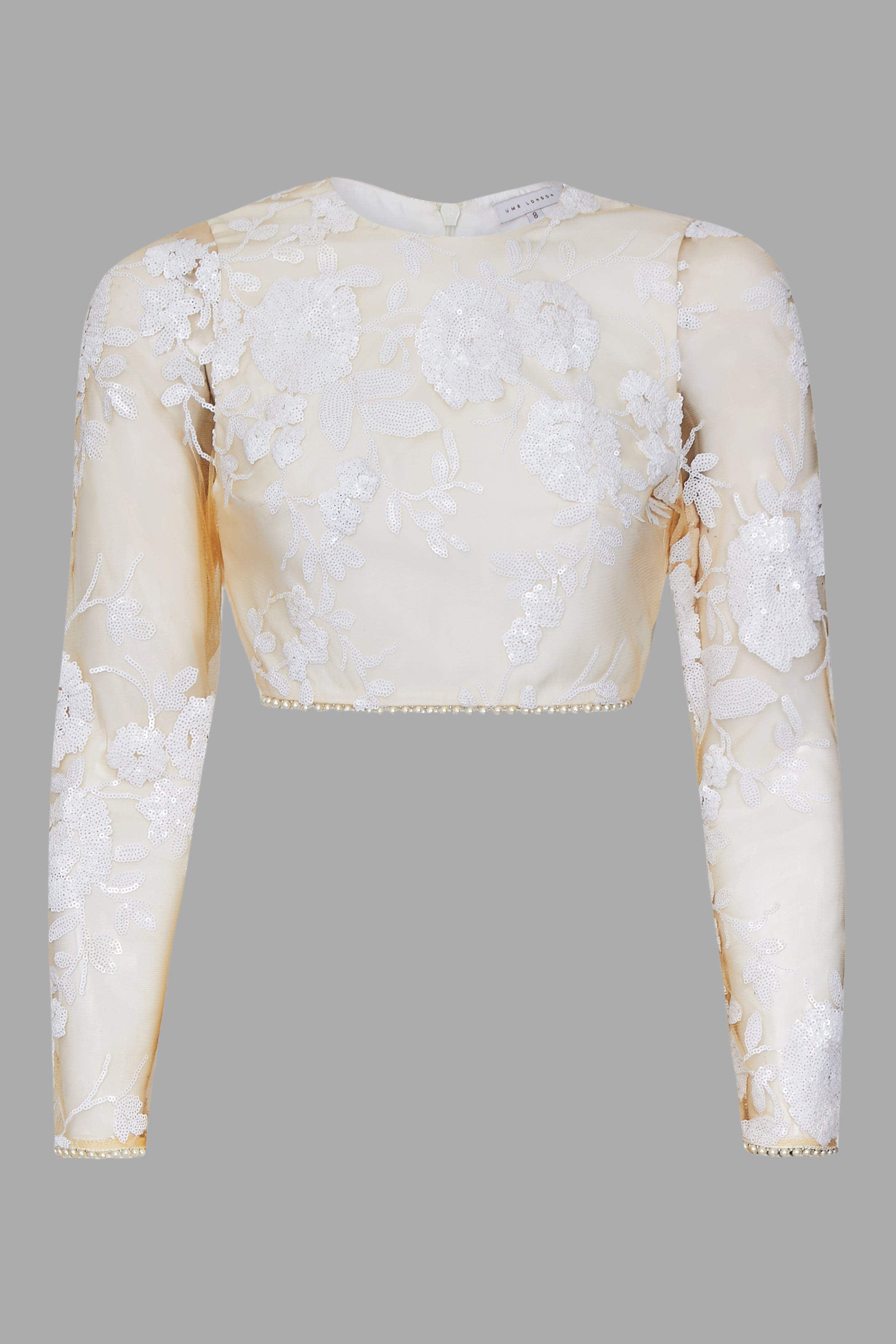 Signature White Rose Sequin Embellished Full Sleeve Top Pearl Back Zip Evening Outfit UME London Destination Weddings UK