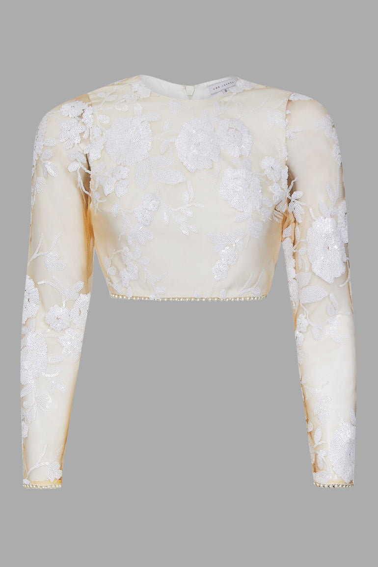 Signature White Rose Sequin Embellished Full Sleeve Top Pearl Back Zip Evening Outfit UME London Destination Weddings UK