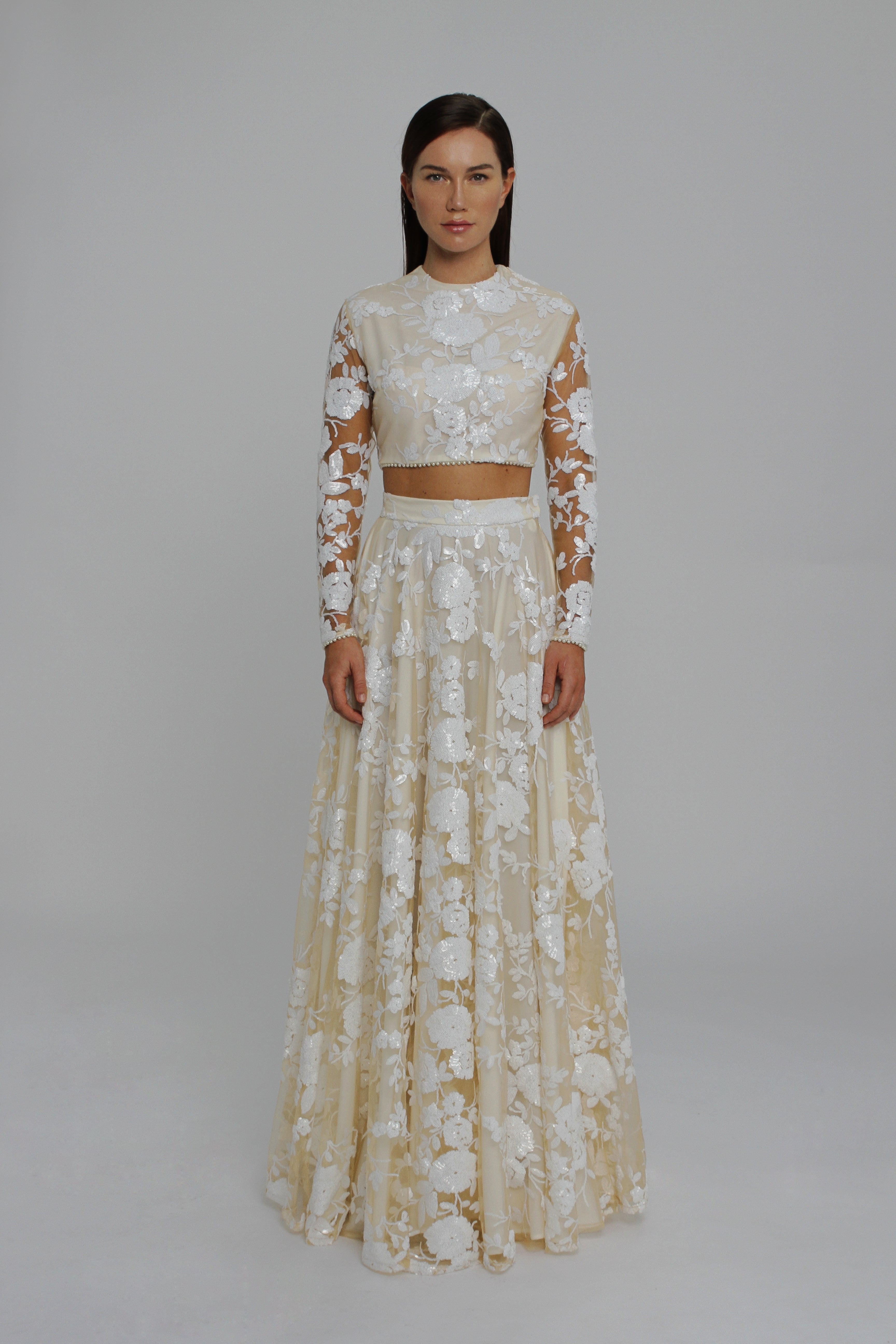 Signature White Rose Sequin Embellished Full Sleeve Top and Evening Skirt Special Event Outfit Pearl Button UME London UK