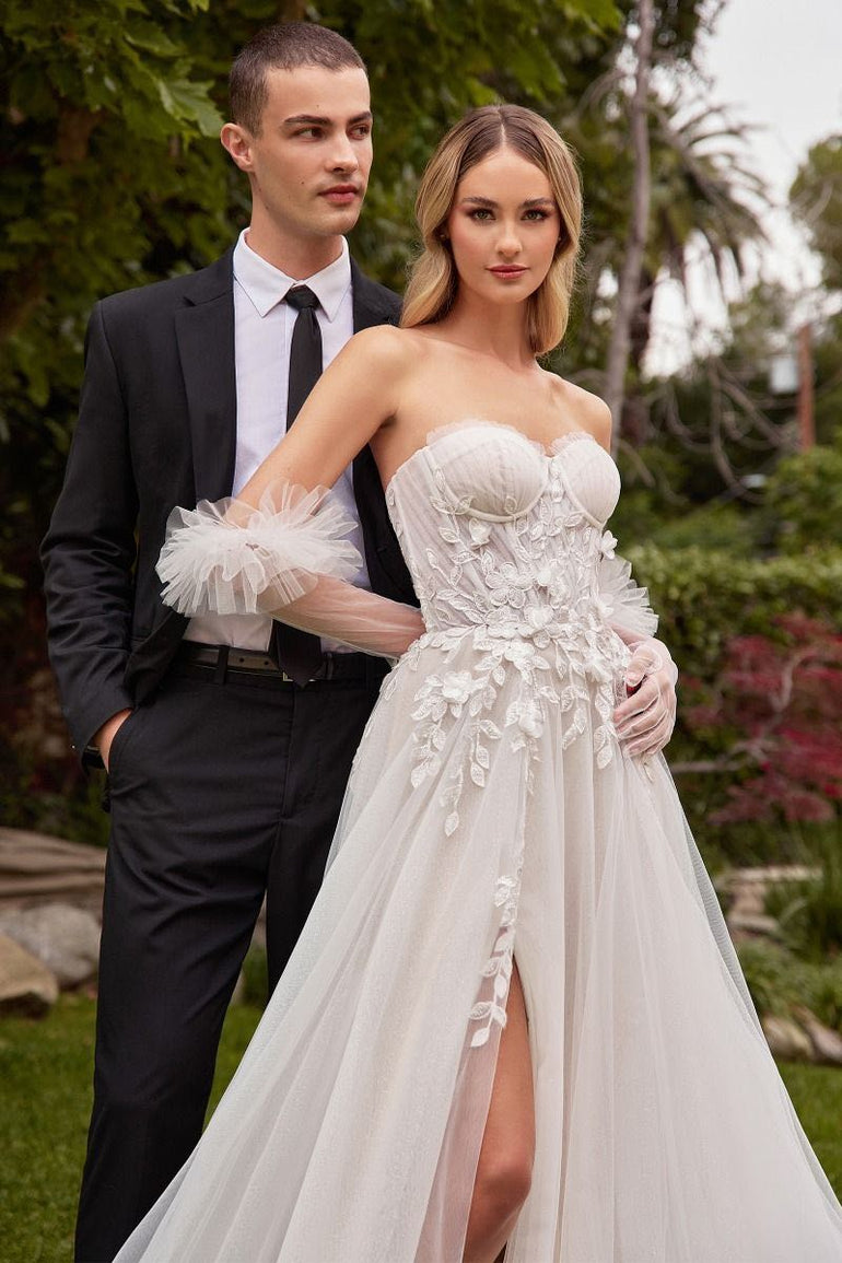 A Line Wedding Dress with corset bodice, floral embroidery and removable sleeves. Off White Princess Strapless Bridal Gown.