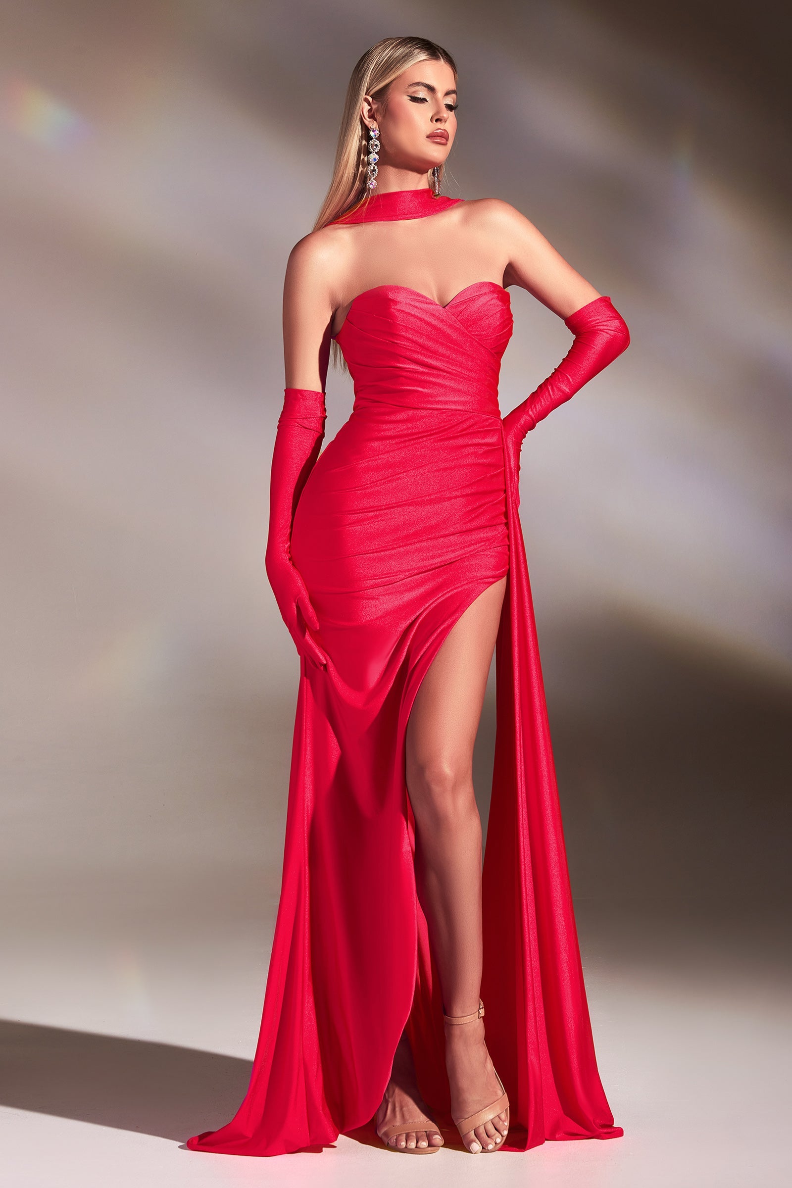 Strapless Luxe Stretch Satin Dress with Sash Gloves Satin Bridesmaid Dresses Corset Prom Dress UME London UK Red Hot Coral