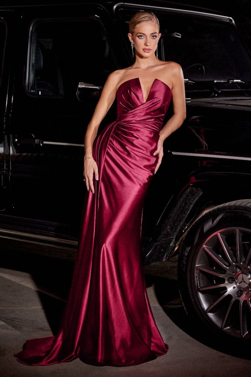 Long strapless satin occasion dress with sash in burgundy