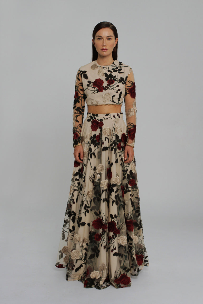Timeless Red Rose Full Sleeve Top and Evening Skirt UME London UK Floral Print Evening Outfit Destination Wedding Outfit