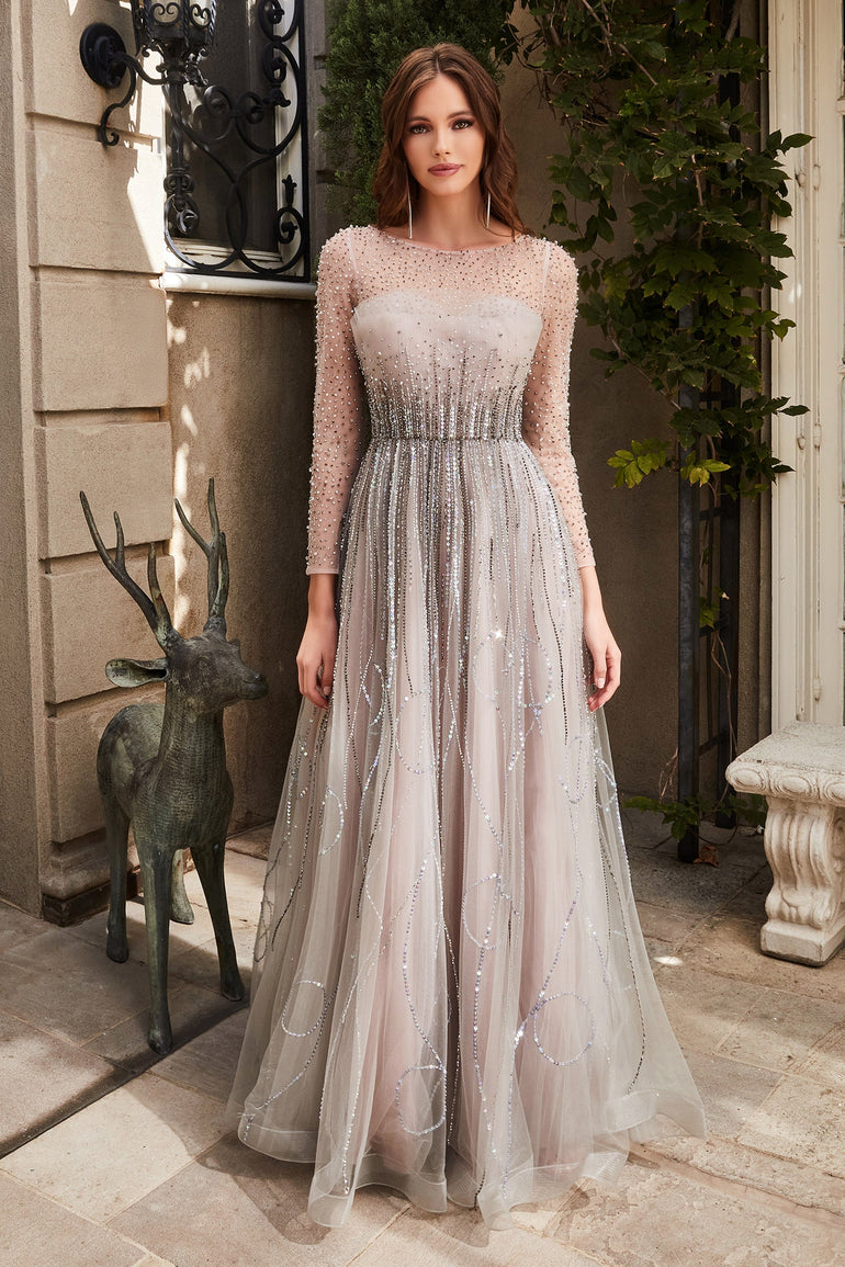 Trickle Beaded Long Sleeve A-Line Gown Evening Dress Red Carpet Dress Destination Weddings Bridesmaid Dresses UME London UK